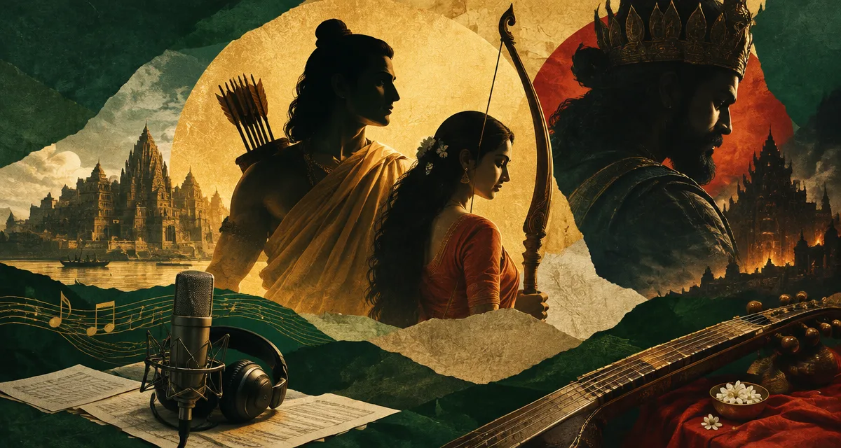 AI-generated editorial illustration about ‘Jai Jai Ram’ launches Ramayana’s music campaign with Ranbir Kapoor and Yash in focus