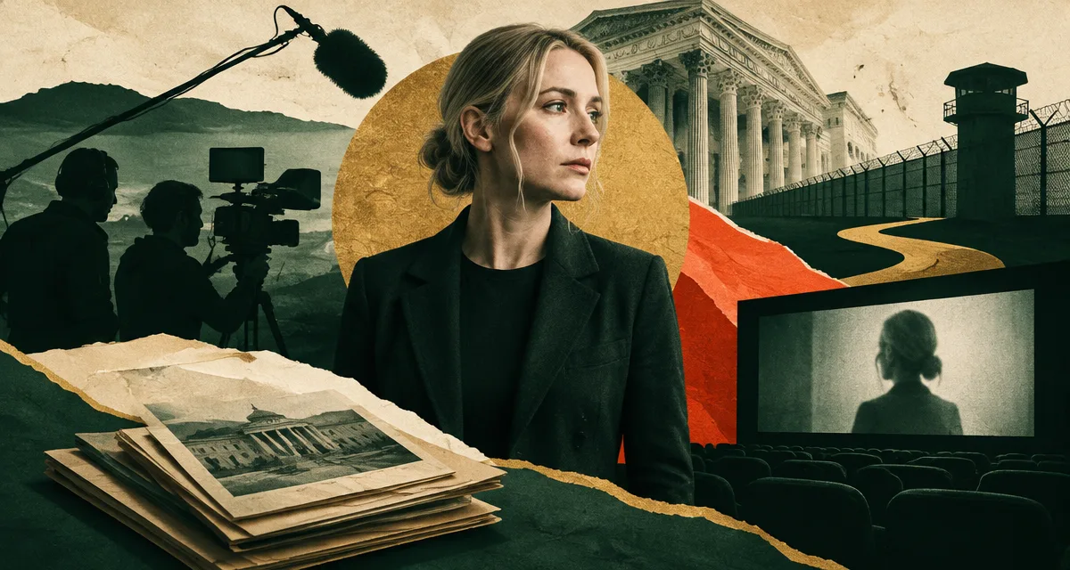 AI-generated editorial illustration about A24’s You Can See Everything turns Elizabeth Holmes’ final days before prison into a documentary experiment