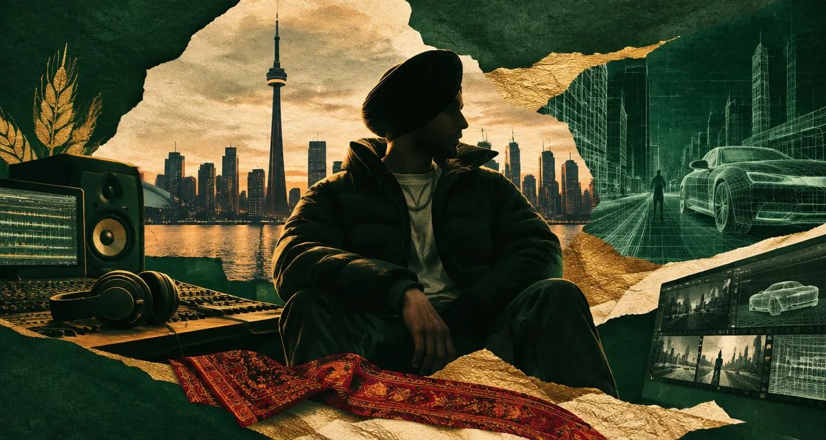 AI-generated editorial illustration about Navaan Sandhu’s “Hood Ambience” Builds a Digital Punjabi Soundscape