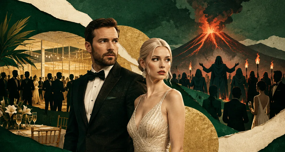 AI-generated editorial illustration about Netflix’s *Sacrifice* Sets October Release for Volcanic Celebrity Satire
